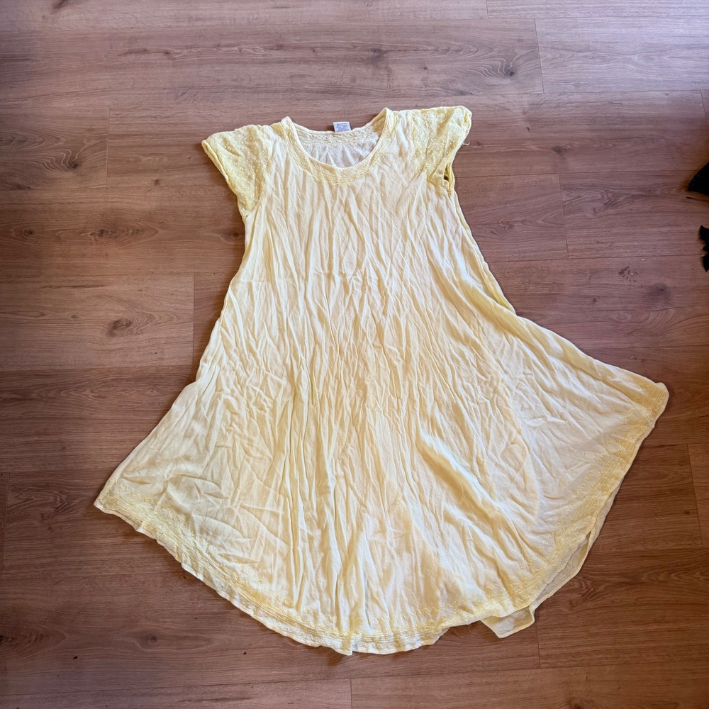 Advance Apparels Yellow Cotton Gauze Embroidered Handkerchief Hem Dress OS